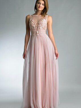D6903L Embroidered Tulle Sleeveless Gown - Soft Pink